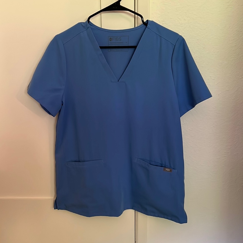 Figs blue three pocket scrub top, size M